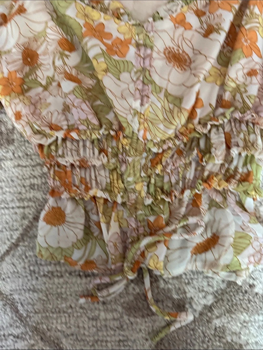 Astr Floral Puff-Sleeve Smocked Crop Top in Cream, Orange & Green